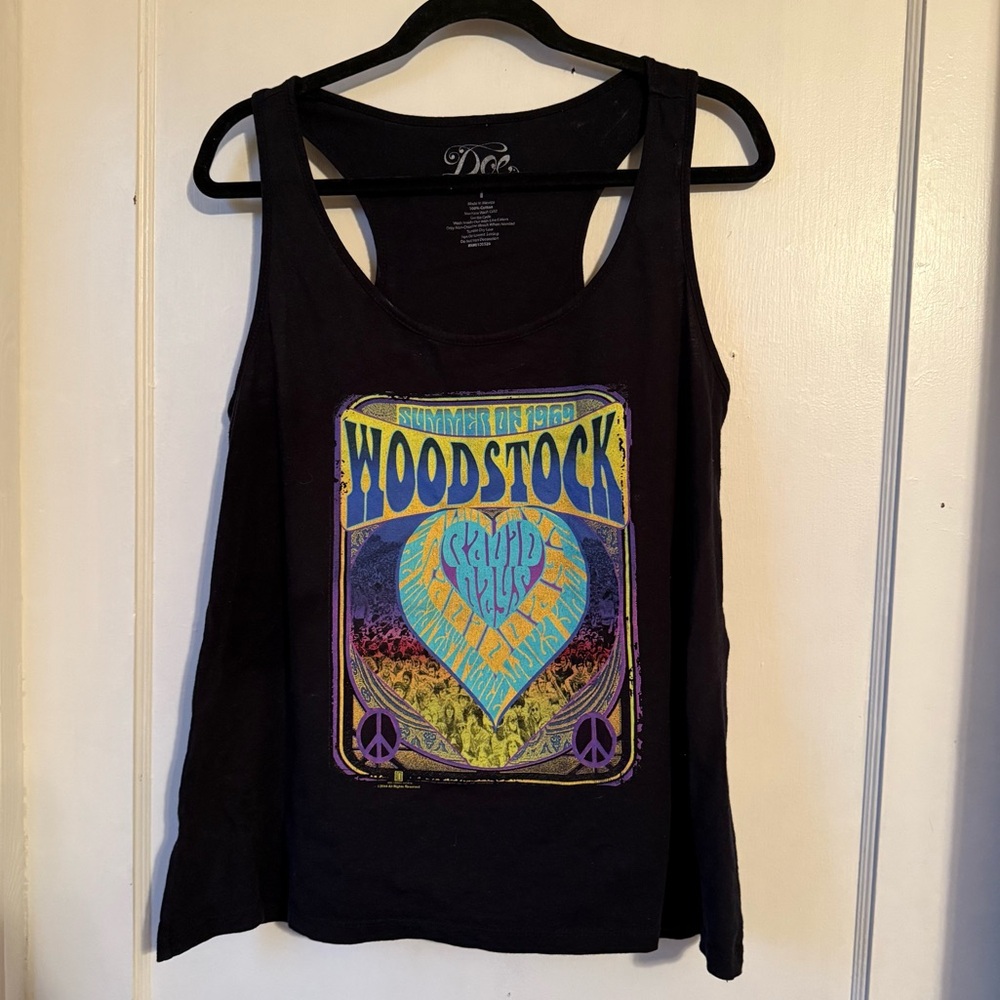 Doe & Rae Black Woodstock Graphic Tank Top